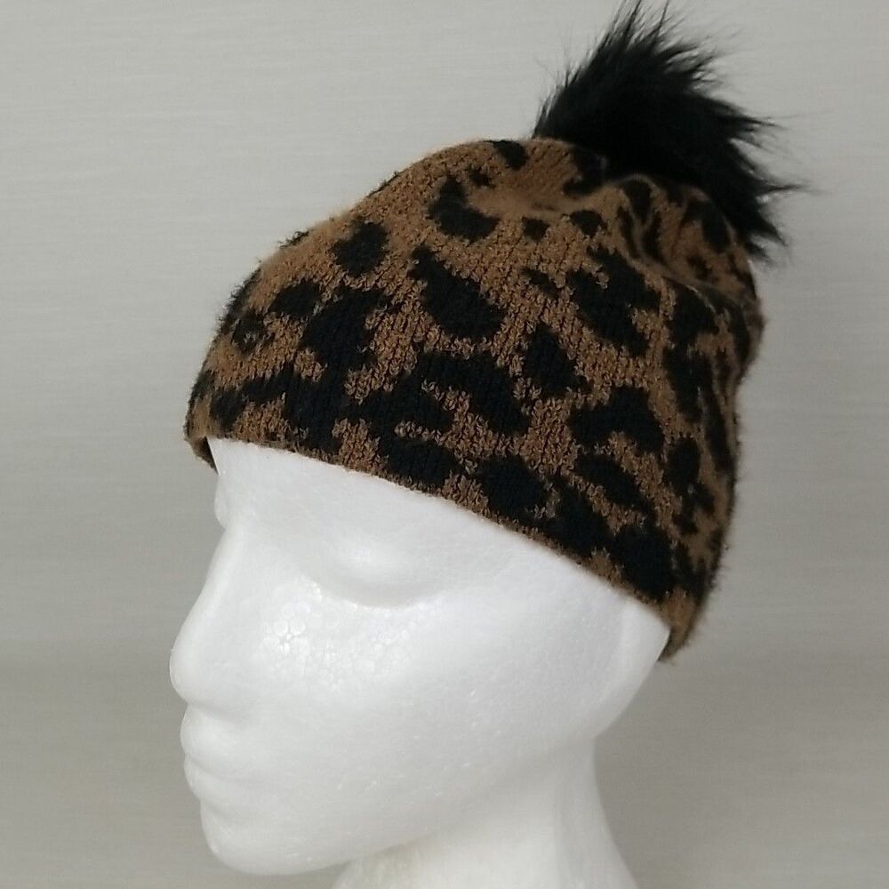 Christian Siriano leopard Print Knit Beanie Hat Faux Fur Pom One Size